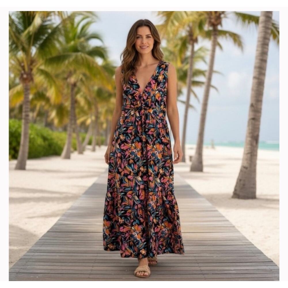 French Connection Womens Twist Front Midi Dress Floral Sleeveless Size M Resort
